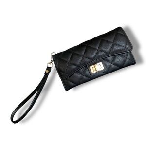 Black Quilted Wristlet Wallet Clutch Gold Turn Lock Faux Leather Large Organizer